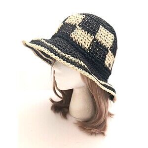 Kooringal Woven Straw Bendable Brim Sun Hat Blk/Tan Checkerboard Sz M